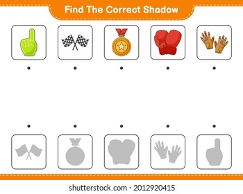 Find the correct shadow. Find and match the correct shadow of Foam Finger, Trophy, Racing Flags, Boxing Gloves, and Golf Gloves. Educational children game