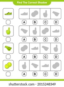 Encuentra la sombra correcta. Encuentra y coincide con la sombra correcta del Dedo de espuma, Silbato, Salto de tenis y Esneaker. Juego infantil educativo, hoja de cálculo imprimible, ilustración vectorial