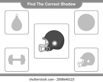 Find the correct shadow. Find and match the correct shadow of Football Helmet. Educational children game, printable worksheet, vector illustration