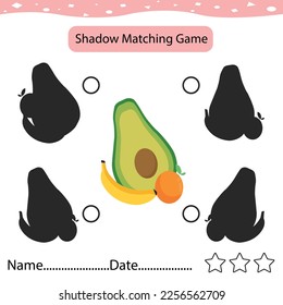 Encuentra La Sombra Correcta Y Coincide Con La Sombra Correcta De Friut. Juego Educativo para Niños. Ilustración de hoja de cálculo imprimible. Juego de aprendizaje