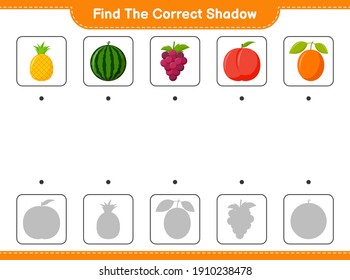Find the correct shadow. Find and match the correct shadow of Fruits. Educational children game, printable worksheet, vector illustration