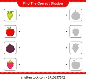 Finden Sie den richtigen Schatten. Finden Sie den richtigen Schatten der Früchte und passen Sie ihn an. Kinderspiel, druckbares Arbeitsblatt, Vektorgrafik