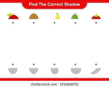 Encuentra la sombra correcta. Buscar y coincidir con la sombra correcta de Frutos. Juego infantil educativo, hoja de cálculo imprimible, ilustración vectorial
