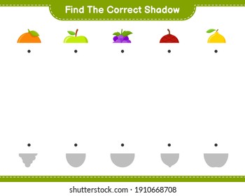 Encuentra la sombra correcta. Buscar y coincidir con la sombra correcta de Frutos. Juego infantil educativo, hoja de cálculo imprimible, ilustración vectorial