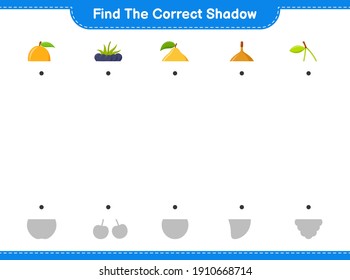 Find the correct shadow. Find and match the correct shadow of Fruits. Educational children game, printable worksheet, vector illustration