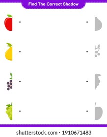 Encuentra la sombra correcta. Buscar y coincidir con la sombra correcta de Frutos. Juego infantil educativo, hoja de cálculo imprimible, ilustración vectorial