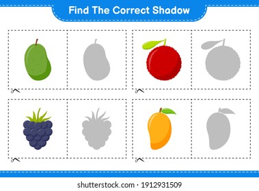 Find the correct shadow. Find and match the correct shadow of Fruits. Educational children game, printable worksheet, vector illustration