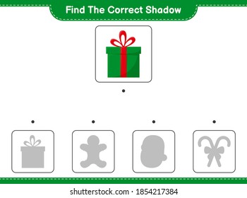 Find the correct shadow. Find and match the correct shadow of Gift Boxes. Educational children game, printable worksheet, vector illustration