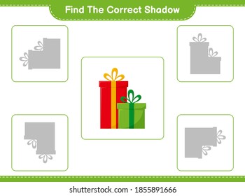Finden Sie den richtigen Schatten. Finden Sie den passenden Schatten der Geschenkbox. Kinderspiel, druckbares Arbeitsblatt, Vektorgrafik