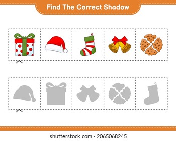 Find the correct shadow. Find and match the correct shadow of Gift Box, Santa Hat, Christmas Sock, Christmas Bell, and Cookies. Educational children game, printable worksheet, vector illustration