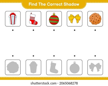 Find the correct shadow. Find and match the correct shadow of Gift Box, Christmas Sock, Christmas Ball, Ribbon, and Cookies. Educational children game, printable worksheet, vector illustration
