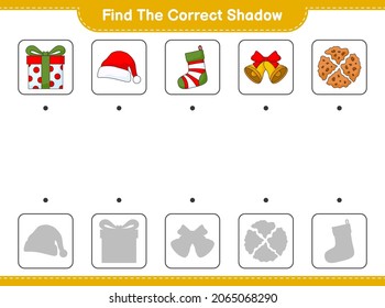 Find the correct shadow. Find and match the correct shadow of Gift Box, Santa Hat, Christmas Sock, Christmas Bell, and Cookies. Educational children game, printable worksheet, vector illustration