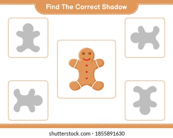 Find the correct shadow. Find and match the correct shadow of Gingerbread Man. Educational children game, printable worksheet, vector illustration