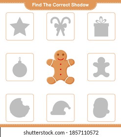 Find the correct shadow. Find and match the correct shadow of Gingerbread Man. Educational children game, printable worksheet, vector illustration