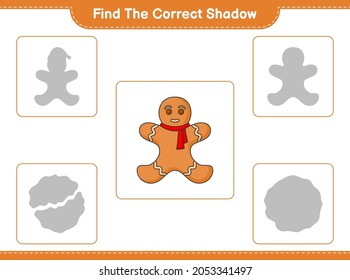 Find the correct shadow. Find and match the correct shadow of Gingerbread Man. Educational children game, printable worksheet, vector illustration