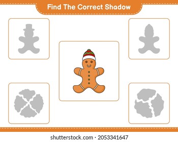 Find the correct shadow. Find and match the correct shadow of Gingerbread Man. Educational children game, printable worksheet, vector illustration