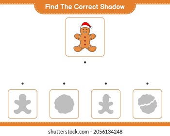 Find the correct shadow. Find and match the correct shadow of Gingerbread Man. Educational children game, printable worksheet, vector illustration