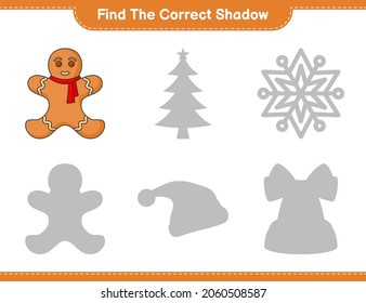 Find the correct shadow. Find and match the correct shadow of Gingerbread Man. Educational children game, printable worksheet, vector illustration