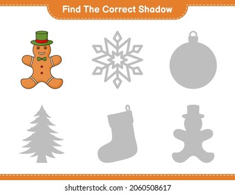 Encuentra la sombra correcta. Encuentra y concuerda con la sombra correcta del Hombre de Gingerbread. Juego infantil educativo, hoja de cálculo imprimible, ilustración vectorial