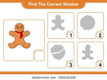 Finden Sie den richtigen Schatten. Finden Sie den richtigen Schatten von Gingerbread Man und passen Sie ihn an. Kinderspiel, druckbares Arbeitsblatt, Vektorgrafik