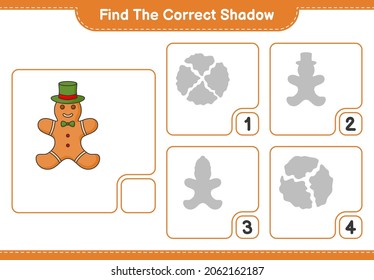 Finden Sie den richtigen Schatten. Finden Sie den richtigen Schatten von Gingerbread Man und passen Sie ihn an. Kinderspiel, druckbares Arbeitsblatt, Vektorgrafik