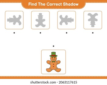 Find the correct shadow. Find and match the correct shadow of Gingerbread Man. Educational children game, printable worksheet, vector illustration