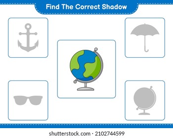 Find the correct shadow. Find and match the correct shadow of Globe. Educational children game, printable worksheet, vector illustration