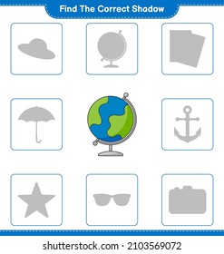 Find the correct shadow. Find and match the correct shadow of Globe. Educational children game, printable worksheet, vector illustration
