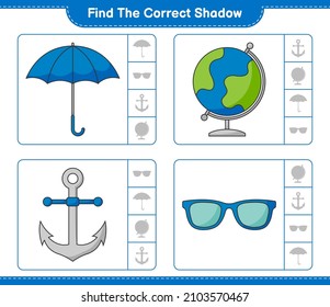 Find the correct shadow. Find and match the correct shadow of Globe, Sunglasses, Umbrella, and Anchor. Educational children game, printable worksheet, vector illustration
