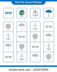 Encuentra la sombra correcta. Encuentra y combina la sombra correcta de Globe, gafas de sol, paraguas y ancla. Juego infantil educativo, hoja de cálculo imprimible, ilustración vectorial
