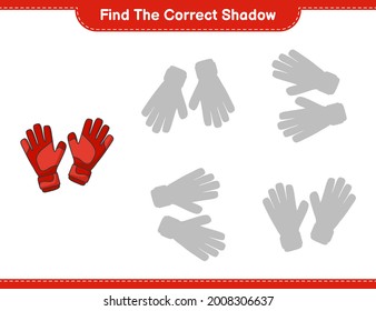 Encuentra la sombra correcta. Encuentra y concuerda con la sombra correcta de los guantes del portero. Juego infantil educativo, hoja de cálculo imprimible, ilustración vectorial