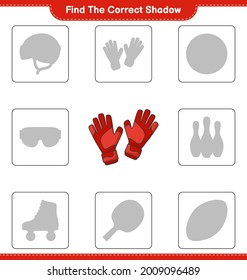 Find the correct shadow. Find and match the correct shadow of Goalkeeper Gloves. Educational children game, printable worksheet, vector illustration