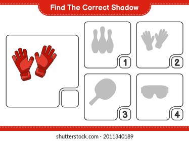 Find the correct shadow. Find and match the correct shadow of Goalkeeper Gloves. Educational children game, printable worksheet, vector illustration