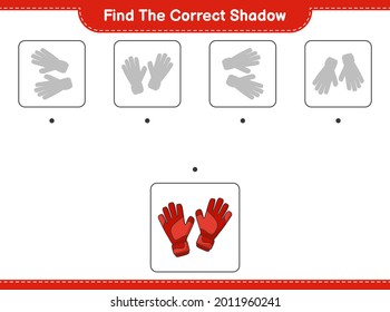 Find the correct shadow. Find and match the correct shadow of Goalkeeper Gloves. Educational children game, printable worksheet, vector illustration