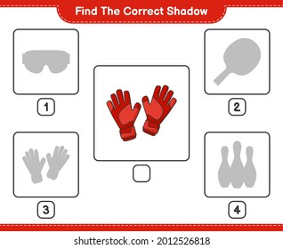 Finden Sie den richtigen Schatten. Finden Sie den richtigen Schatten von Goalkeeper-Handschuhen und passen Sie ihn an. Kinderspiel, druckbares Arbeitsblatt, Vektorgrafik