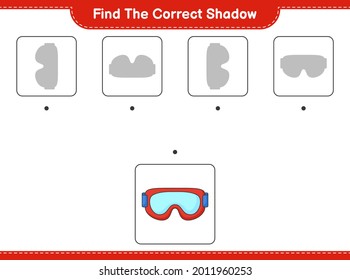 Find the correct shadow. Find and match the correct shadow of Goggle. Educational children game, printable worksheet, vector illustration