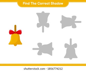 Encuentra la sombra correcta. Encuentra y concuerda con la sombra correcta de las Gallas de Navidad Doradas. Juego infantil educativo, hoja de cálculo imprimible, ilustración vectorial