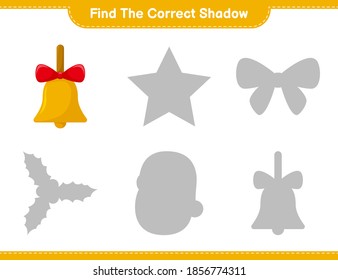 Encuentra la sombra correcta. Encuentra y concuerda con la sombra correcta de las Gallas de Navidad Doradas. Juego infantil educativo, hoja de cálculo imprimible, ilustración vectorial