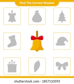 Find the correct shadow. Find and match the correct shadow of Golden Christmas Bells. Educational children game, printable worksheet, vector illustration