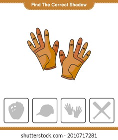 Encuentra la sombra correcta. Encuentra y concuerda con la sombra correcta de los guantes de golf. Juego infantil educativo, hoja de cálculo imprimible, ilustración vectorial