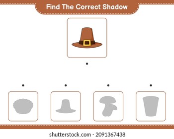 Find the correct shadow. Find and match the correct shadow of Hat. Educational children game, printable worksheet, vector illustration