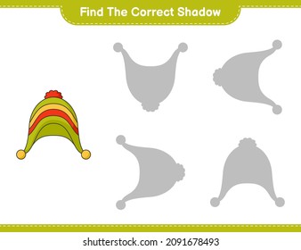 Find the correct shadow. Find and match the correct shadow of Hat. Educational children game, printable worksheet, vector illustration