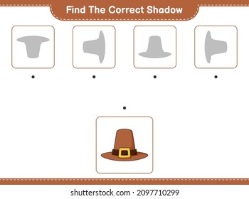 Find the correct shadow. Find and match the correct shadow of Hat. Educational children game, printable worksheet, vector illustration