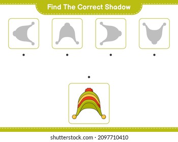 Find the correct shadow. Find and match the correct shadow of Hat. Educational children game, printable worksheet, vector illustration