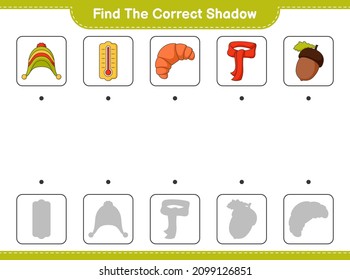 Find the correct shadow. Find and match the correct shadow of Hat, Thermometer, Croissant, Scarf, Acorn. Educational children game, printable worksheet, vector illustration