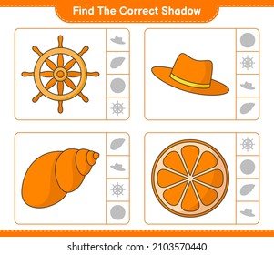 Find the correct shadow. Find and match the correct shadow of Hat, Orange, Ship Steering Wheel, and Sea Shells. Educational children game, printable worksheet, vector illustration