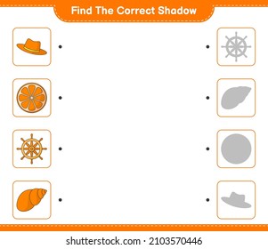 Find the correct shadow. Find and match the correct shadow of Hat, Orange, Ship Steering Wheel, and Sea Shells. Educational children game, printable worksheet, vector illustration