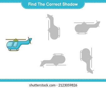 Encuentra la sombra correcta. Buscar y coincidir con la sombra correcta del helicóptero. Juego infantil educativo, hoja de cálculo imprimible, ilustración vectorial