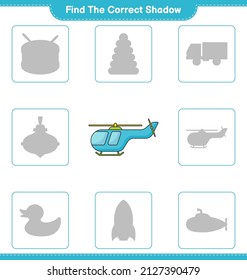 Encuentra la sombra correcta. Buscar y coincidir con la sombra correcta del helicóptero. Juego infantil educativo, hoja de cálculo imprimible, ilustración vectorial