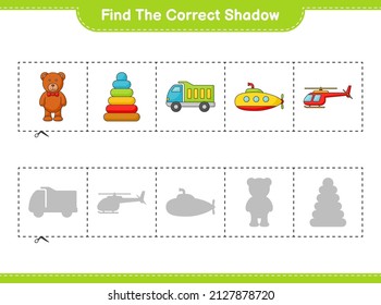 Find the correct shadow. Find and match the correct shadow of Helicopter, Lorry, Pyramid Toy, Submarine, and Teddy Bear. Educational children game, printable worksheet, vector illustration